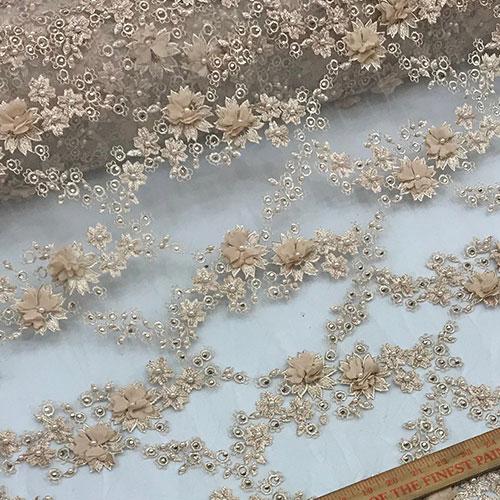 3D Flowers Debora Design Beaded Mesh Lace Fabric By The YardICEFABRICICE FABRICSChampagne3D Flowers Debora Design Beaded Mesh Lace Fabric By The Yard ICEFABRIC |Champagne