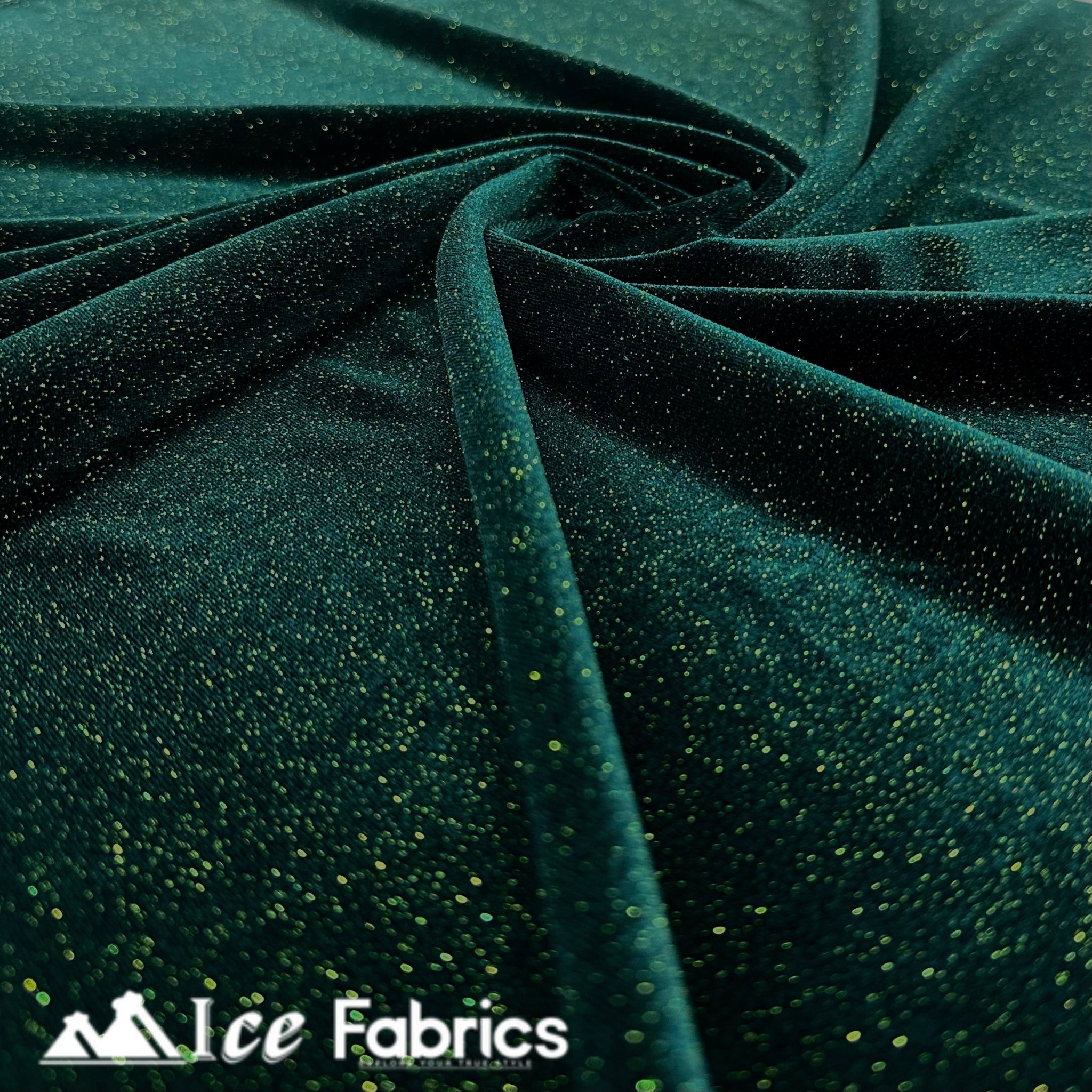 Hunter Green Shiny Glitter Stretch Velvet Fabric | Spandex Fabric