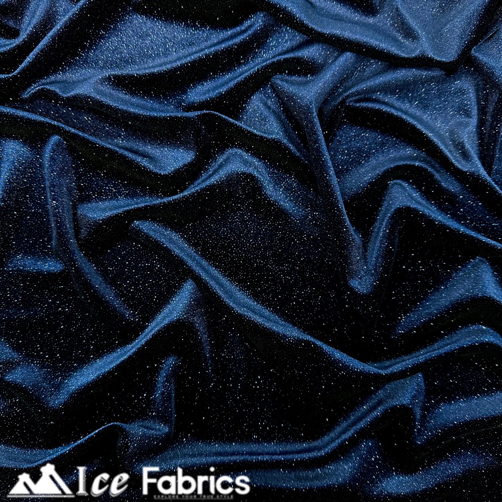Navy Blue Shiny Glitter Stretch Velvet Fabric | Spandex Fabric
