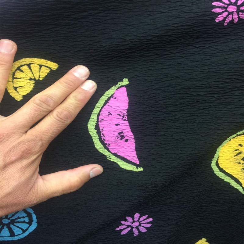 60 Inches Wide Poly Rayon Textured With Fruits Print On Black Background Rayon ChallisChallis FabricICEFABRICICE FABRICS60 Inches Wide Poly Rayon Textured With Fruits Print On Black Background Rayon Challis ICEFABRIC