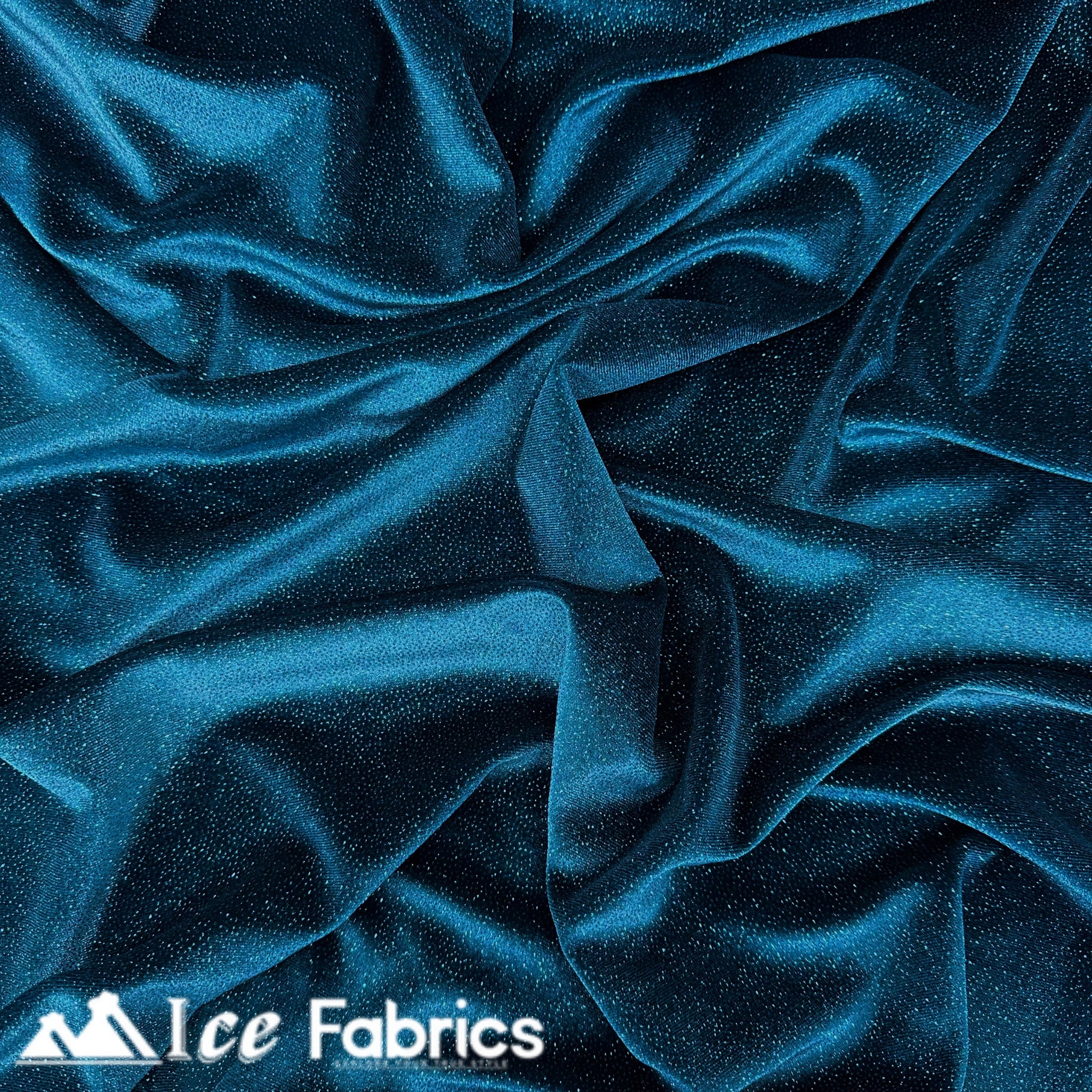 Teal Green Shiny Glitter Stretch Velvet Fabric | Spandex Fabric
