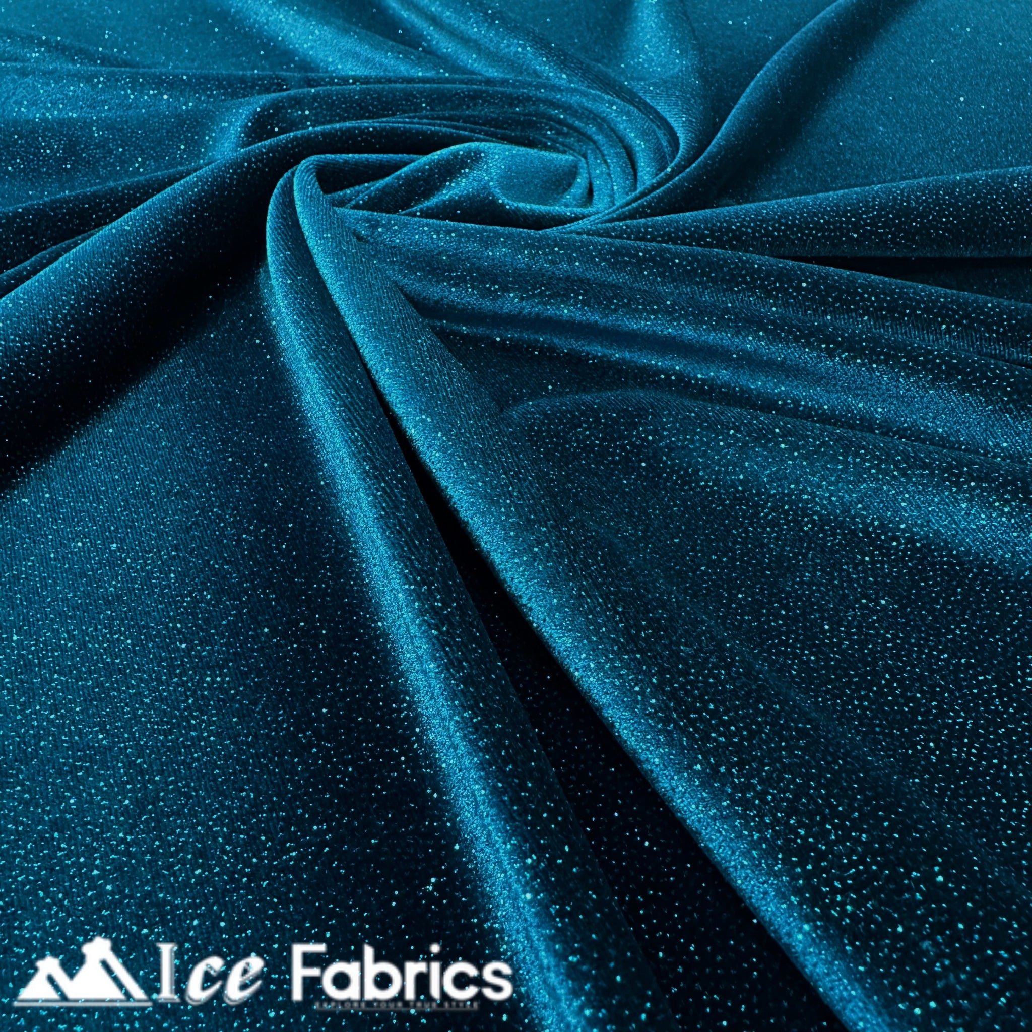 Teal Green Shiny Glitter Stretch Velvet Fabric | Spandex Fabric