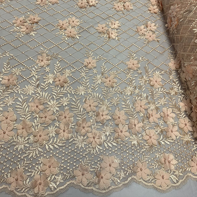3D Floral Pearl Beaded Embroidery Lace Fabric | Mesh FabricICEFABRICICE FABRICSPeach3D Floral Pearl Beaded Embroidery Lace Fabric | Mesh Fabric ICEFABRIC |Peach