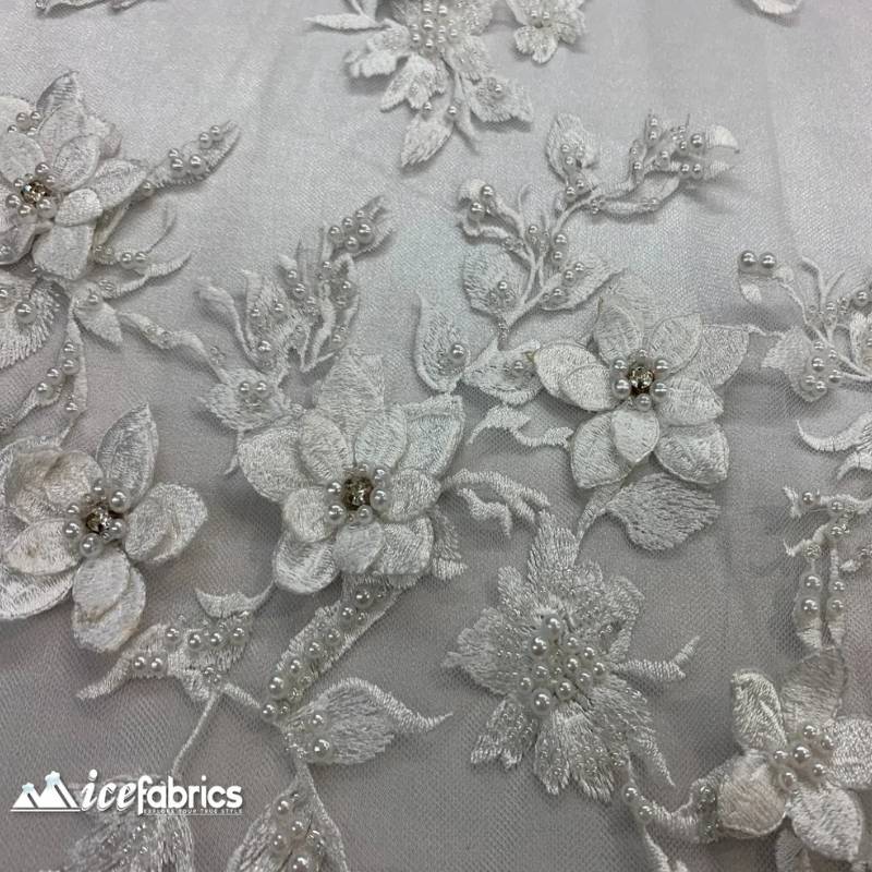 3D Flowers White Lace Fabric / Beaded EmbroideryICE FABRICSICE FABRICSBy The Yard3D Flowers White Lace Fabric / Beaded Embroidery ICE FABRICS