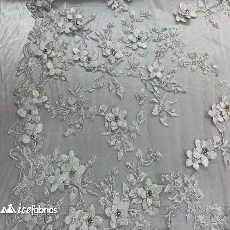 3D Flowers White Lace Fabric / Beaded EmbroideryICE FABRICSICE FABRICSBy The Yard3D Flowers White Lace Fabric / Beaded Embroidery ICE FABRICS