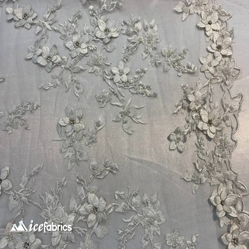 3D Flowers White Lace Fabric / Beaded EmbroideryICE FABRICSICE FABRICSBy The Yard3D Flowers White Lace Fabric / Beaded Embroidery ICE FABRICS