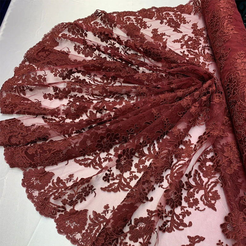 2 Way Stretch Flowers Mesh Lace Embroidered Lace Fabric By The YardICEFABRICICE FABRICSBurgundy2 Way Stretch Flowers Mesh Lace Embroidered Lace Fabric By The Yard ICEFABRIC |Burgundy