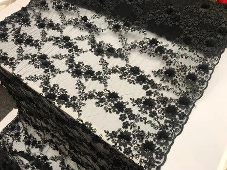 3D Embroidered French Beaded Mesh Lace FabricICE FABRICSICE FABRICSBlack3D Embroidered French Beaded Mesh Lace Fabric ICE FABRICS |Black