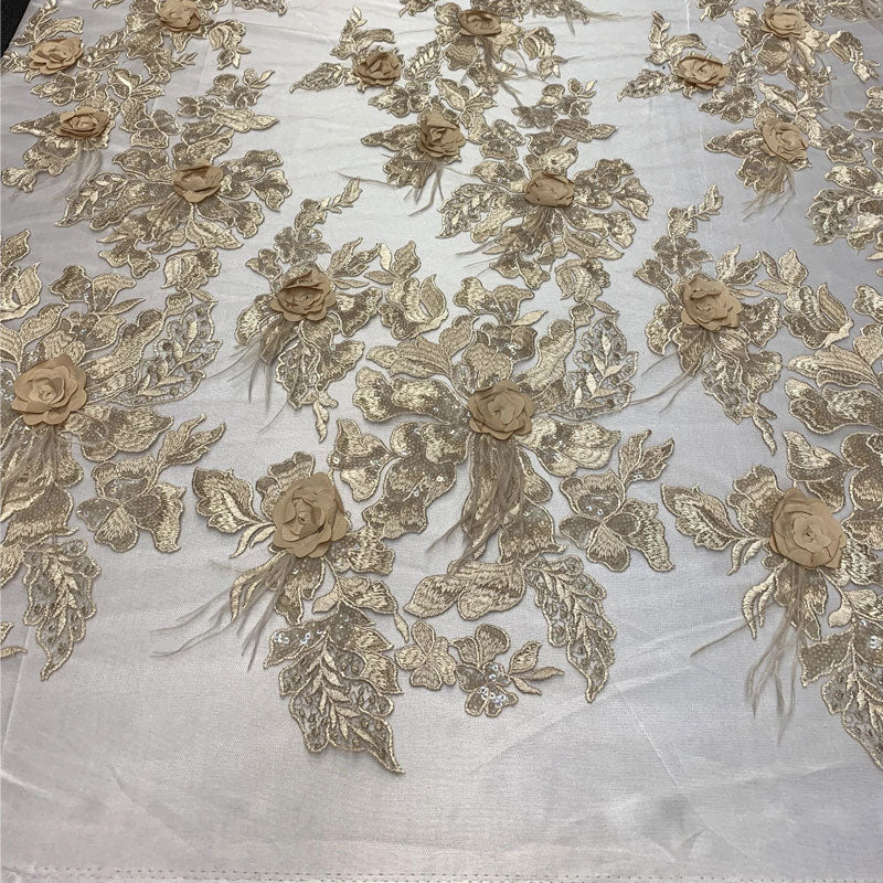 3D Luxury Feather Design Floral Mesh Lace With Sequins Embroidery By The YardICEFABRICICE FABRICSChampagne3D Luxury Feather Design Floral Mesh Lace With Sequins Embroidery By The Yard ICEFABRIC |Champagne