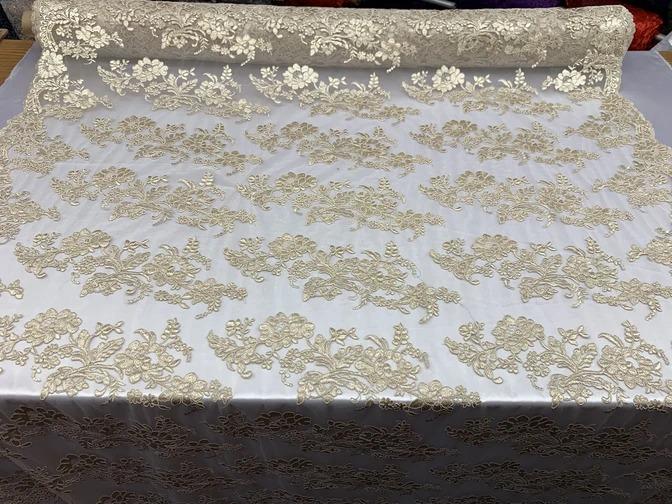 2 Way Stretch Flowers Mesh Lace Embroidered Lace Fabric By The YardICEFABRICICE FABRICSChampagne2 Way Stretch Flowers Mesh Lace Embroidered Lace Fabric By The Yard ICEFABRIC |Champagne