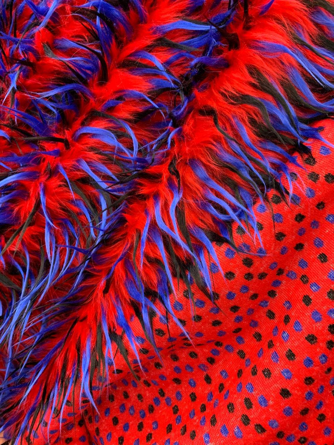 3 Tone Long Pile Design 60 Inches Wide Faux Fur Fake FabricICE FABRICSICE FABRICSRed Blue BlackBy The Yard (60 inches Wide)3 Tone Long Pile Design 60 Inches Wide Faux Fur Fake Fabric ICE FABRICS |Red Blue Black