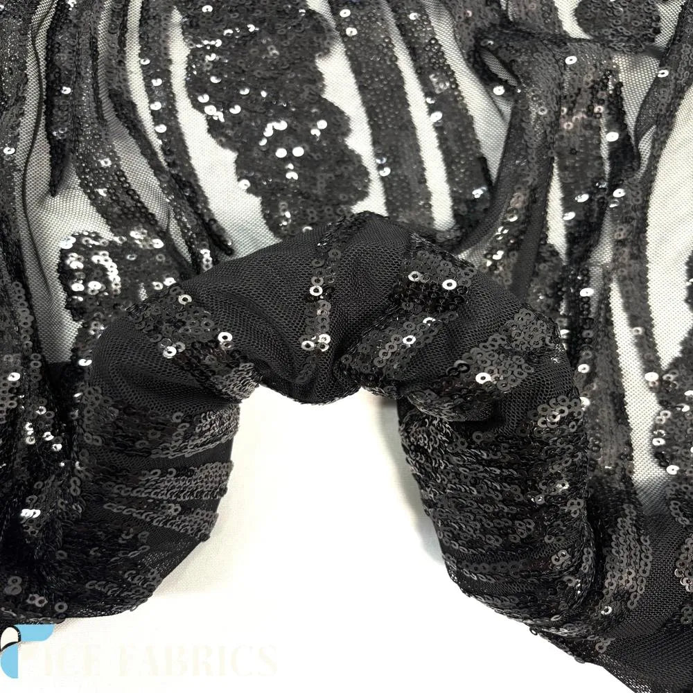 Black Feather Stretch Sequin Fabric By The Yard