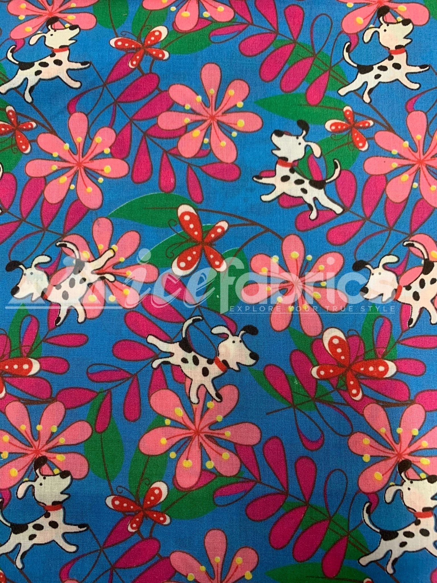 Blue Doggy Flowers Print Poly Cotton Fabric By The Yard