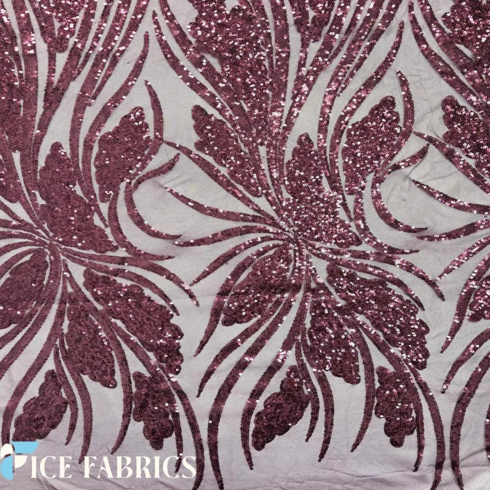 Burgundy Feather Stretch Sequin Fabric By The Yard
