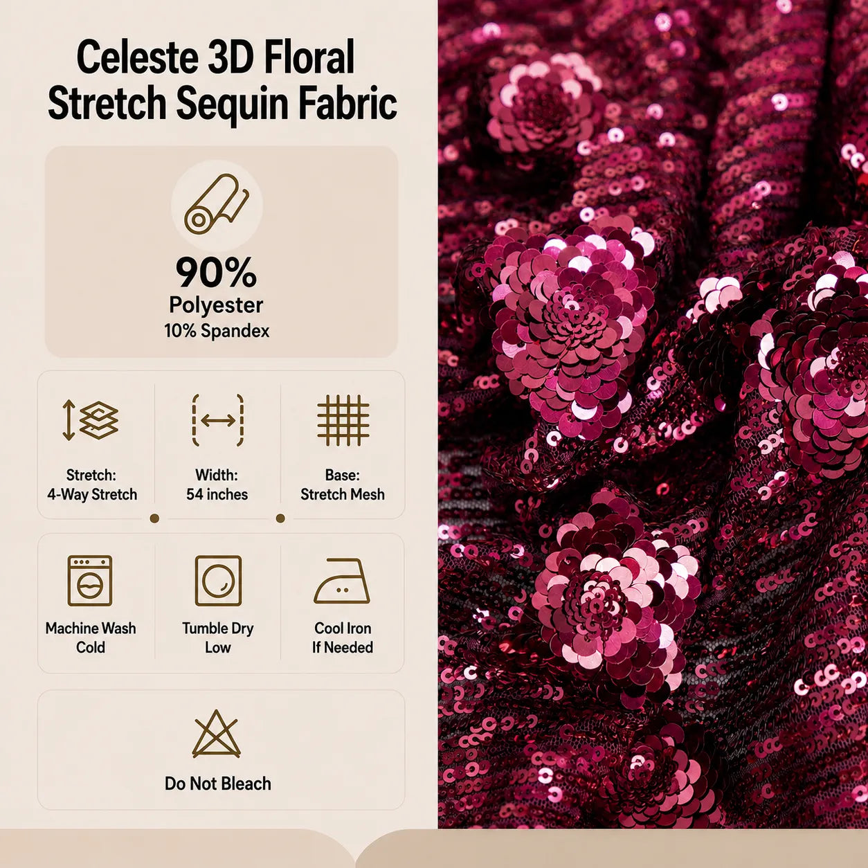 Celeste 3D Floral Stretch Sequin Fabric