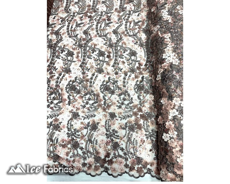 3D Flowers Floral Beaded Fabric | Sequin Lace on MeshICE FABRICSICE FABRICSCoffee BrownBy The Yard (50" Wide)3D Flowers Floral Beaded Fabric | Sequin Lace on Mesh