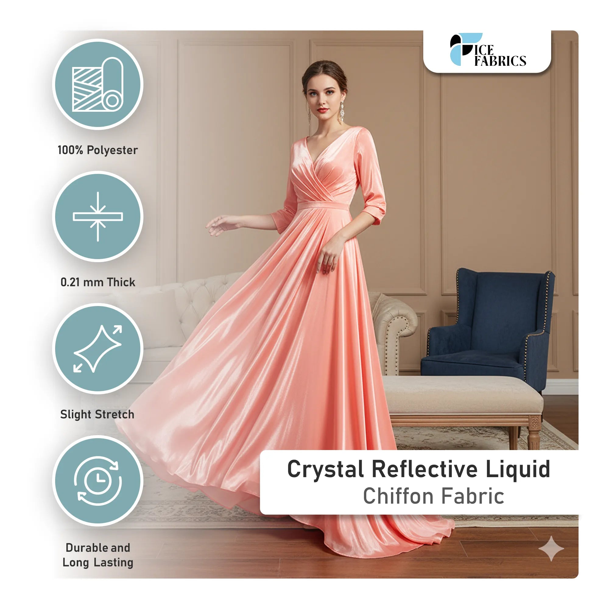 White Crystal Reflective Liquid Chiffon Fabric