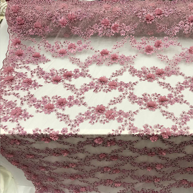 3D Embroidered French Beaded Mesh Lace FabricICE FABRICSICE FABRICSDusty Rose3D Embroidered French Beaded Mesh Lace Fabric ICE FABRICS |Dusty Rose