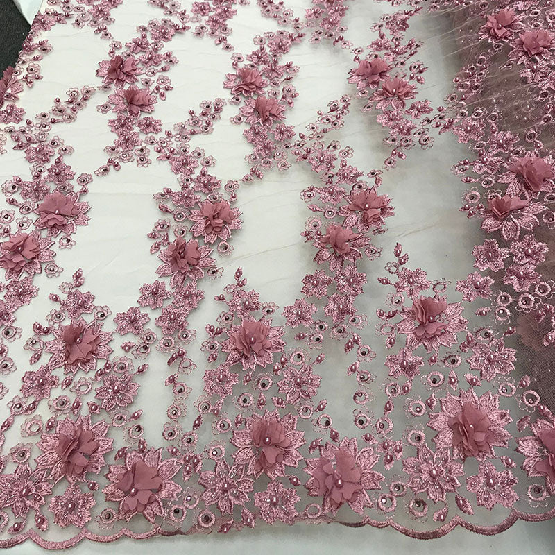 3D Embroidered French Beaded Mesh Lace FabricICE FABRICSICE FABRICSDusty Rose3D Embroidered French Beaded Mesh Lace Fabric ICE FABRICS |Dusty Rose