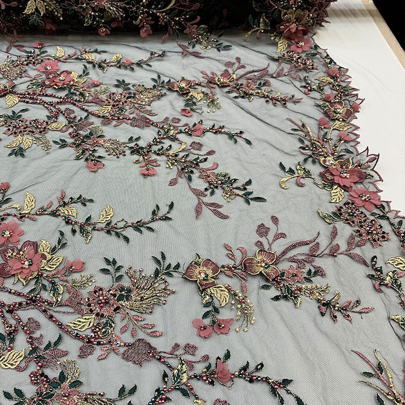 2020 Most Expensive Lace 3D Flowers/Floral Embroidery Beaded Mesh Lace Fabric With Beads And PearlsICEFABRICICE FABRICSBlack2020 Most Expensive Lace 3D Flowers/Floral Embroidery Beaded Mesh Lace Fabric With Beads And Pearls ICEFABRIC | Dusty Rose