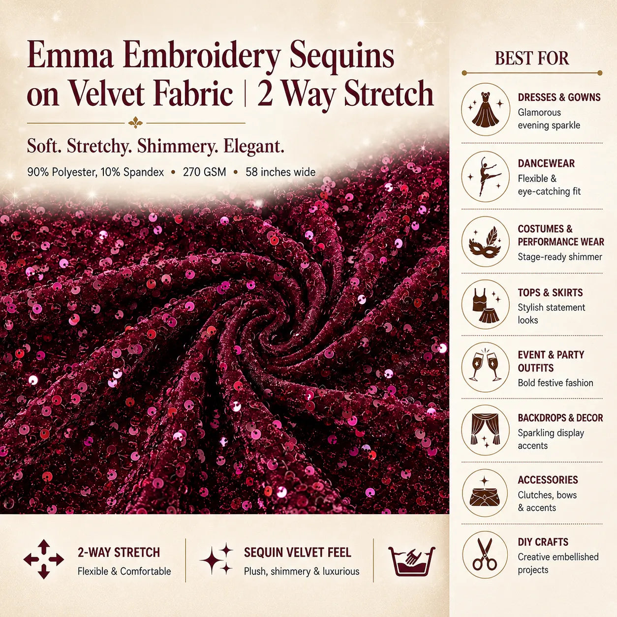 Emma Embroidery Sequins on Velvet Fabric | 2 Way Stretch