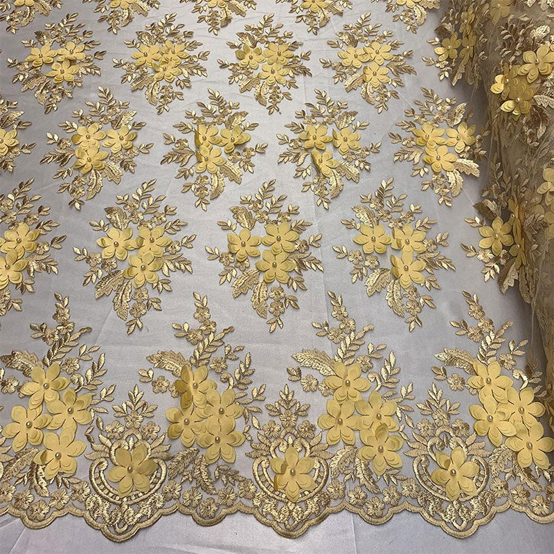 3D Flowers Embroidered Bridal Beaded Mesh Lace Wedding FabricICEFABRICICE FABRICSGold3D Flowers Embroidered Bridal Beaded Mesh Lace Wedding Fabric ICEFABRIC |Gold