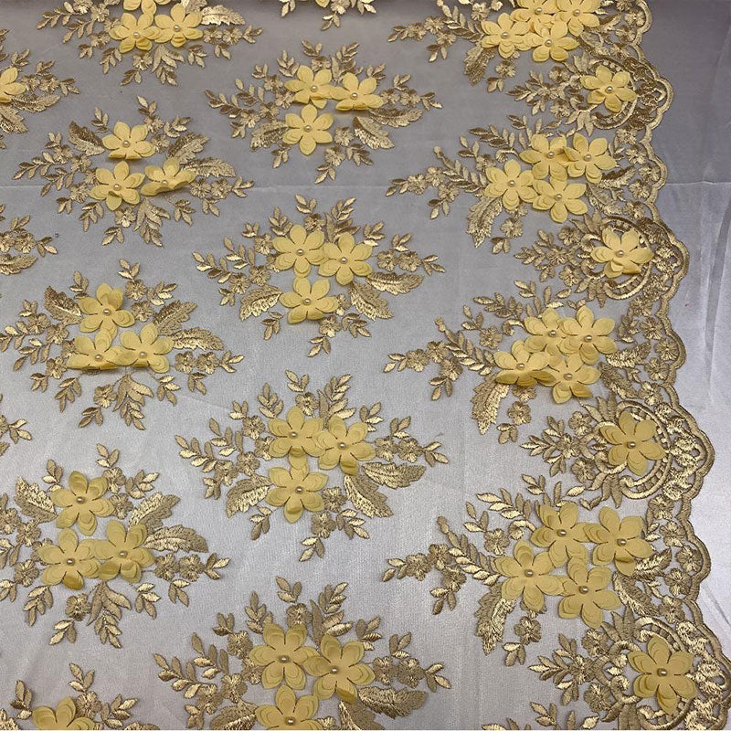 3D Flowers Embroidered Bridal Beaded Mesh Lace Wedding FabricICEFABRICICE FABRICSGold3D Flowers Embroidered Bridal Beaded Mesh Lace Wedding Fabric ICEFABRIC |Gold