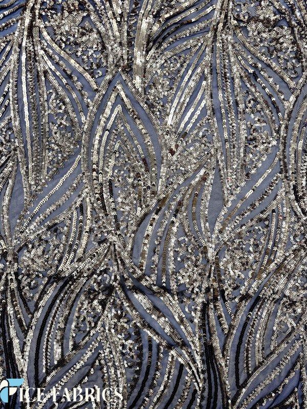 Gold on Black Stretch Sequin Fabric On Mesh