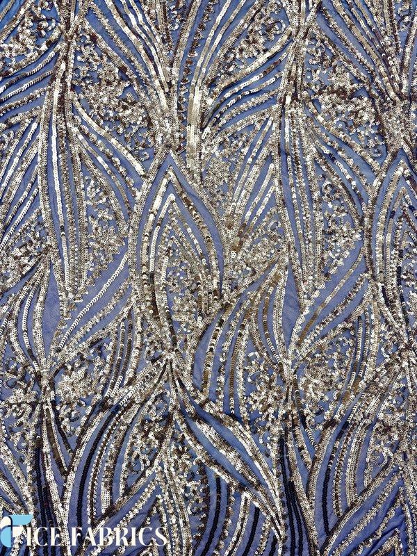 Gold on Black Damask Stretch Sequin Fabric