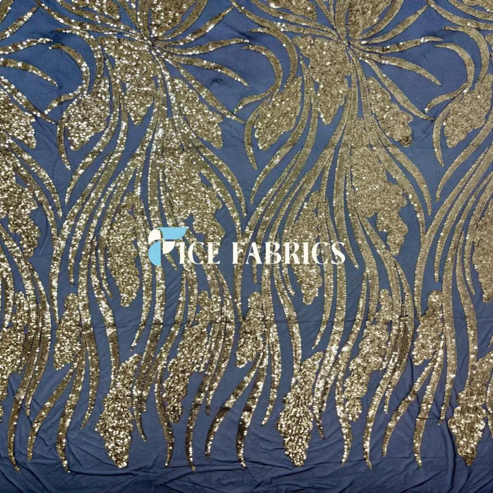 Gold On Black Feather Stretch Sequin Fabric
