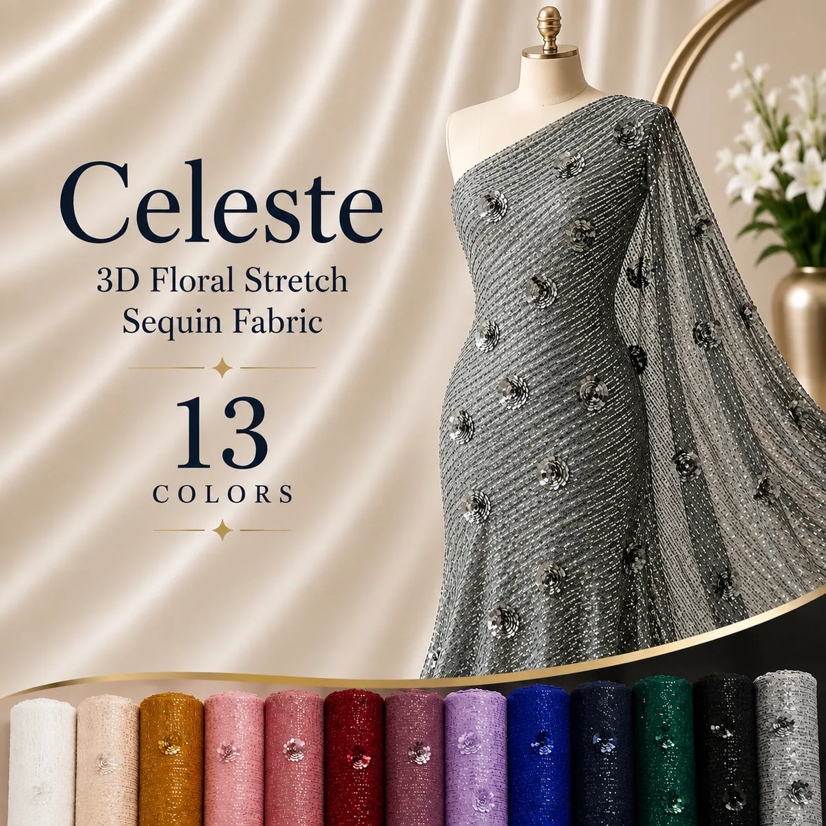Celeste 3D Floral Stretch Sequin Fabric