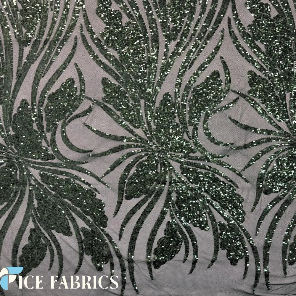 Hunter Green Feather Stretch Sequin Fabric Wholesale