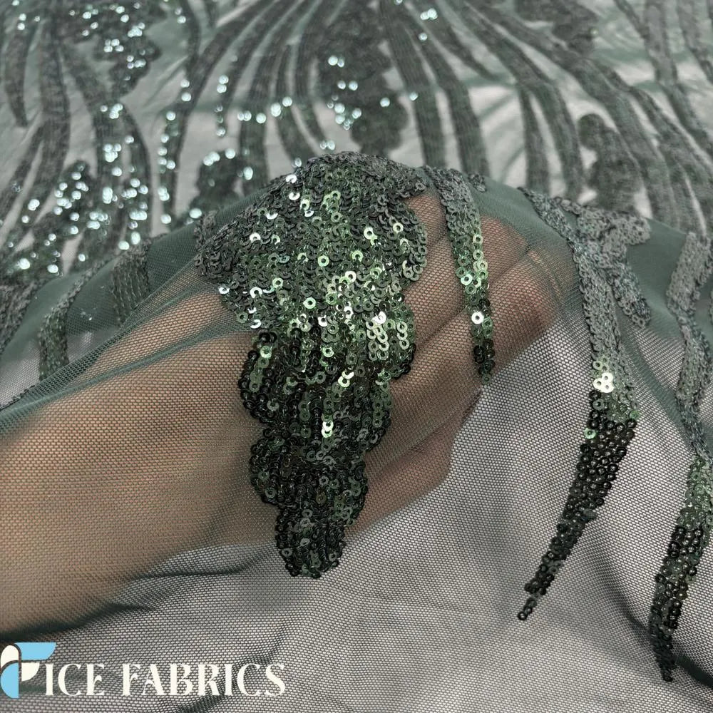 Hunter Green Feather Stretch Sequin Fabric by The Yard