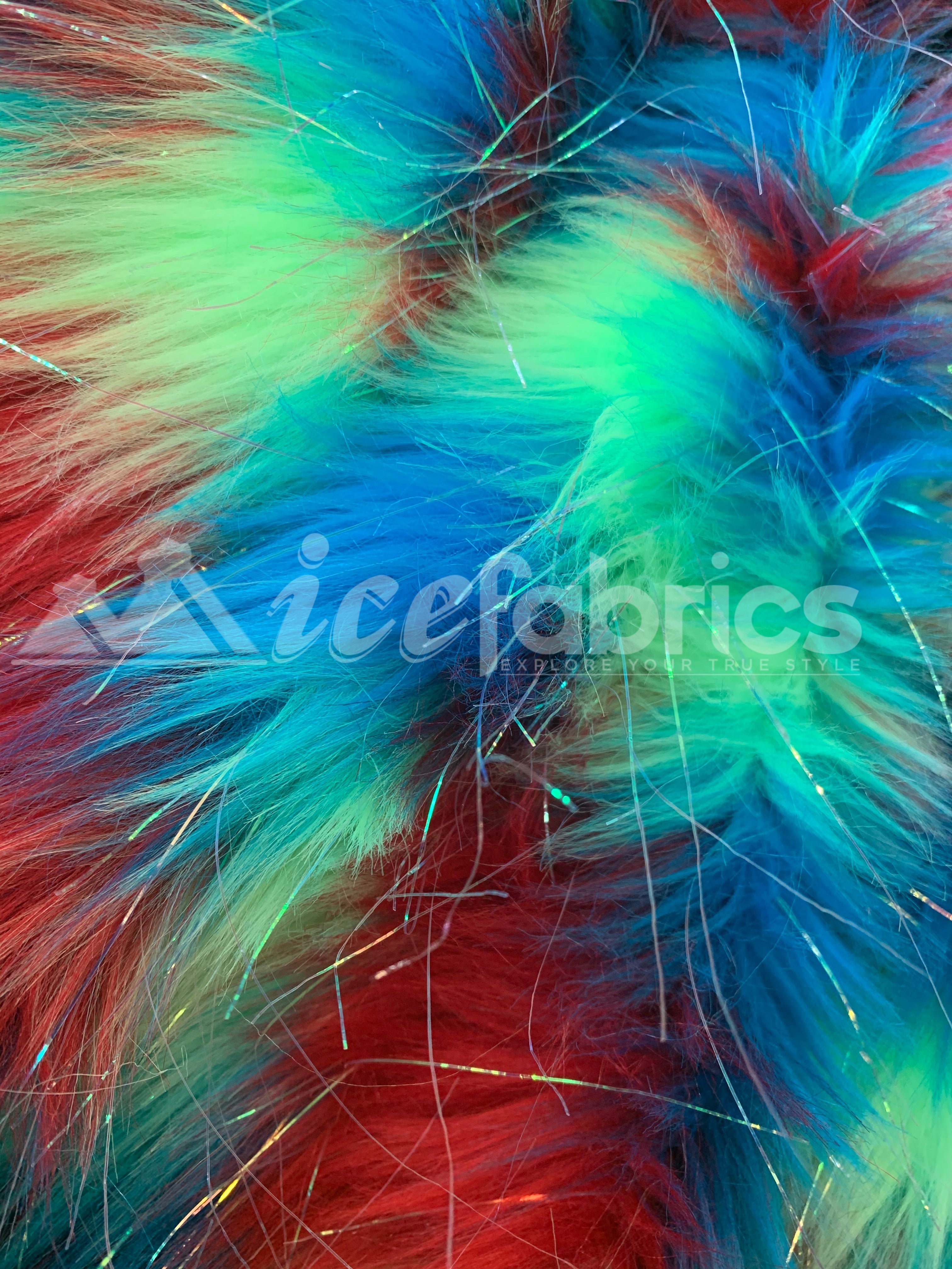 3 Tone Rainbow Tinsel 3.5" long Pile Red, Blue, and Green Faux Fur Fabric By The YardICEFABRICICE FABRICSBy The Yard (60 inches Wide)3 Tone Rainbow Tinsel 3.5" long Pile Red, Blue, and Green Faux Fur Fabric By The Yard ICEFABRIC