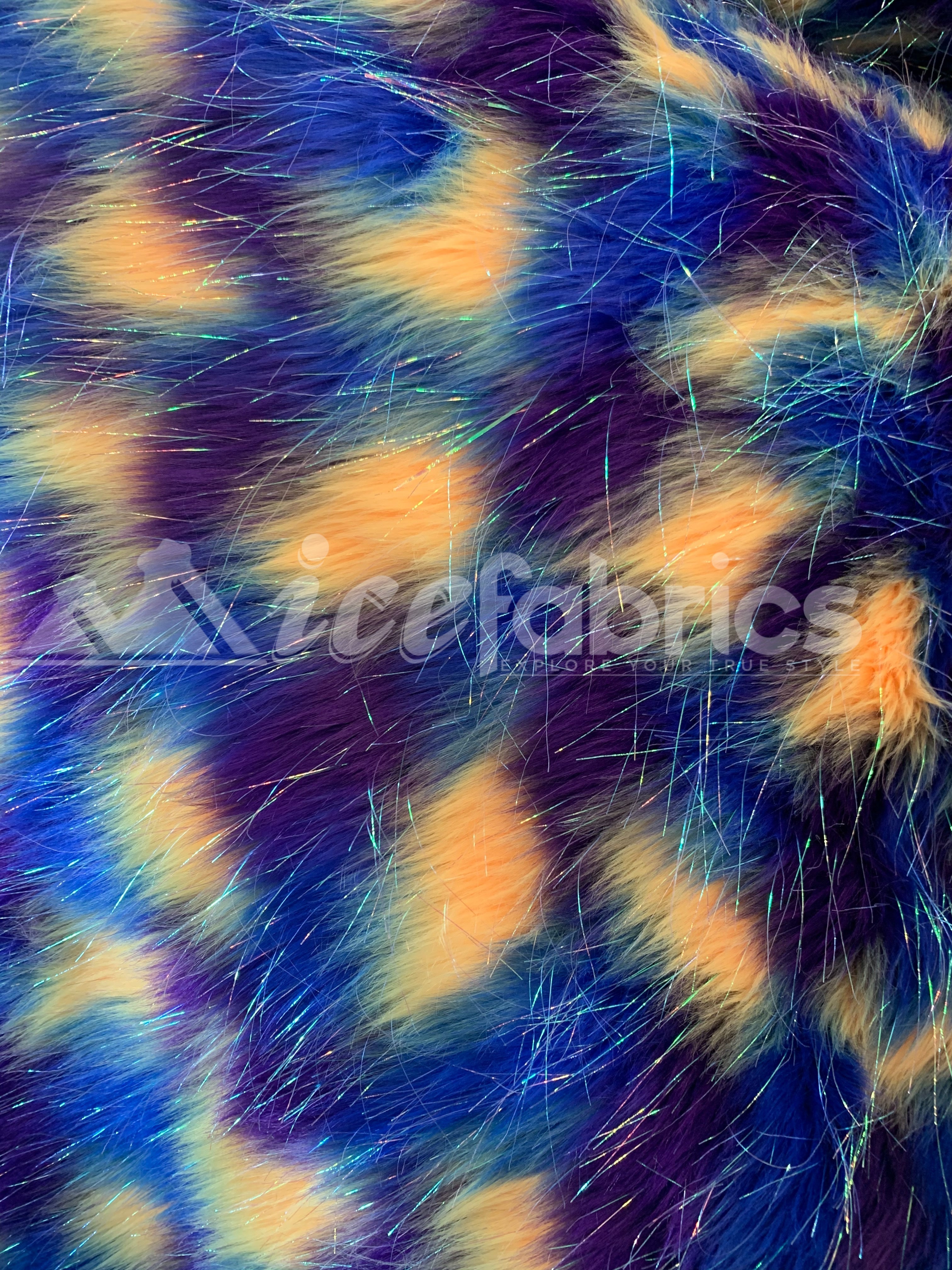 3 Tone Rainbow Tinsel 3.5" long Pile Blue, Yellow, and Purple Faux Fur Fabric By The YardICEFABRICICE FABRICSBy The Yard (60 inches Wide)3 Tone Rainbow Tinsel 3.5" long Pile Blue, Yellow, and Purple Faux Fur Fabric By The Yard ICEFABRIC