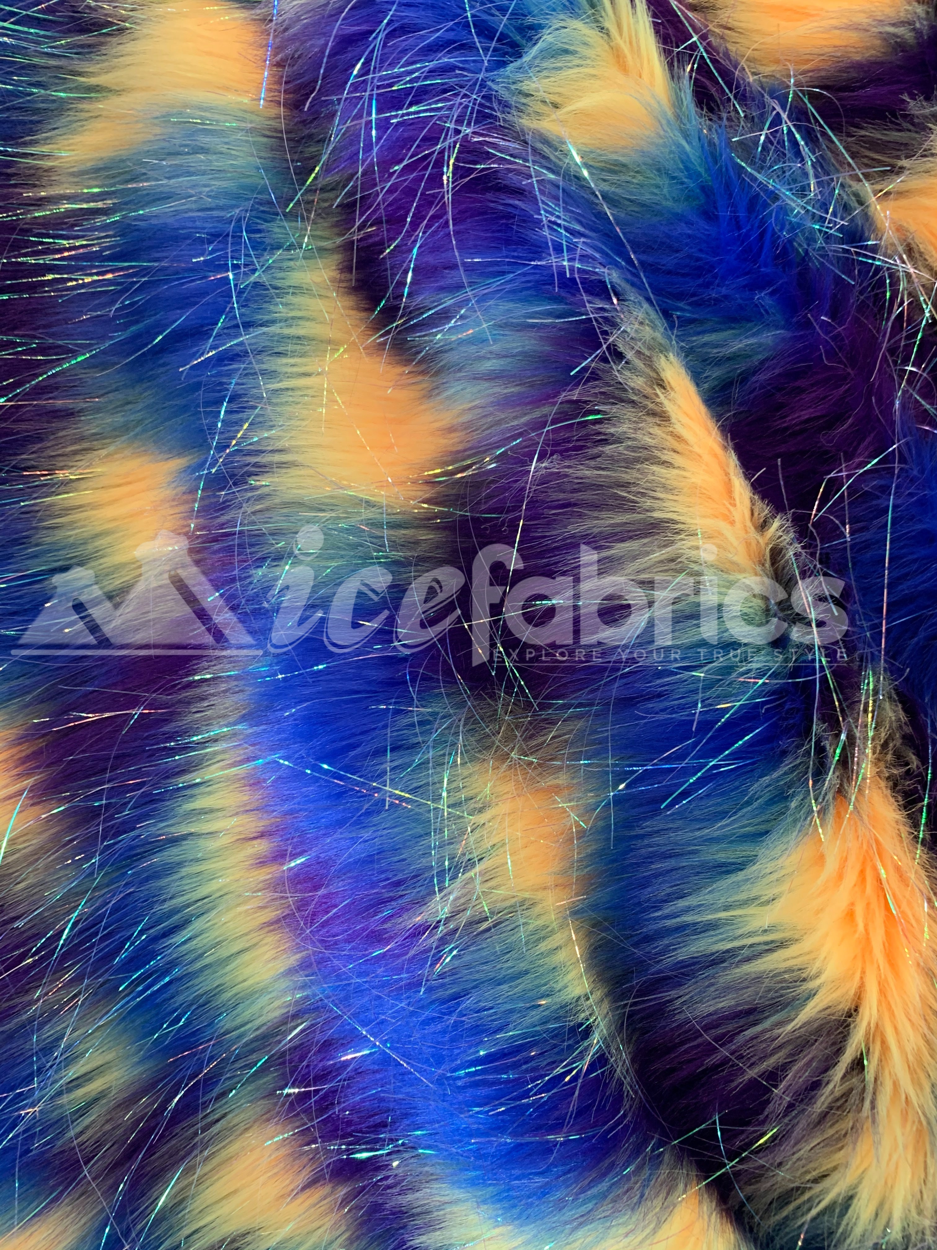 3 Tone Rainbow Tinsel 3.5" long Pile Blue, Yellow, and Purple Faux Fur Fabric By The YardICEFABRICICE FABRICSBy The Yard (60 inches Wide)3 Tone Rainbow Tinsel 3.5" long Pile Blue, Yellow, and Purple Faux Fur Fabric By The Yard ICEFABRIC