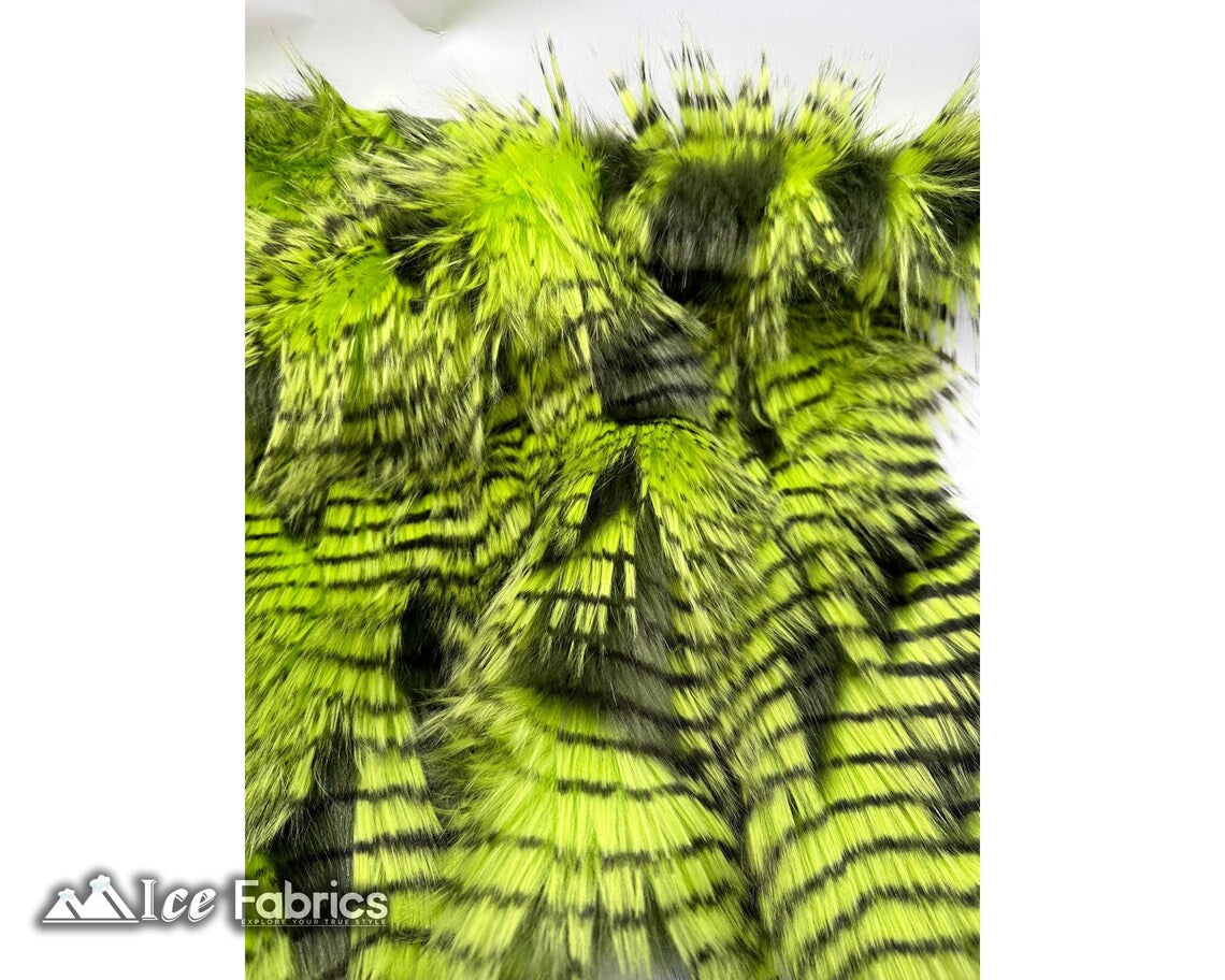 Lime Green Faux Fake Fur Feathered Bird Long Pile Fabric | Faux Fur Material