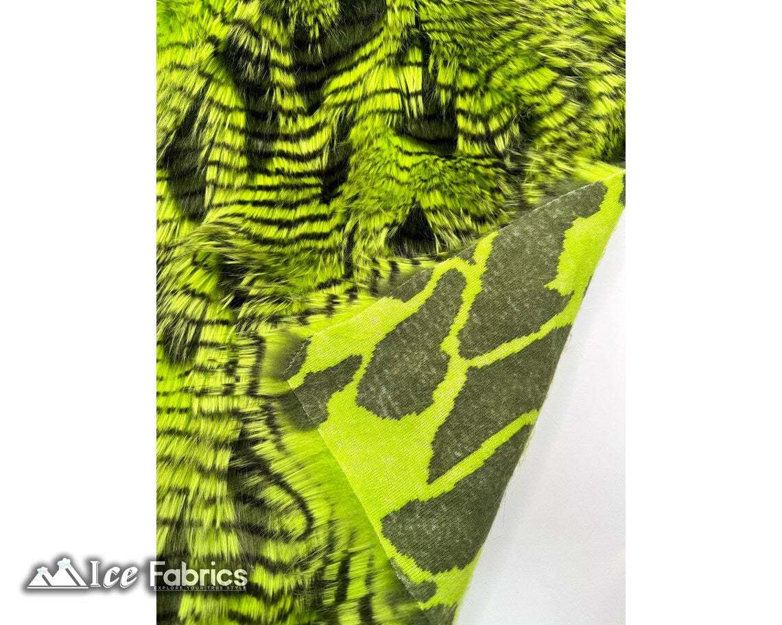 Lime Green Faux Fake Fur Feathered Bird Long Pile Fabric | Faux Fur Material