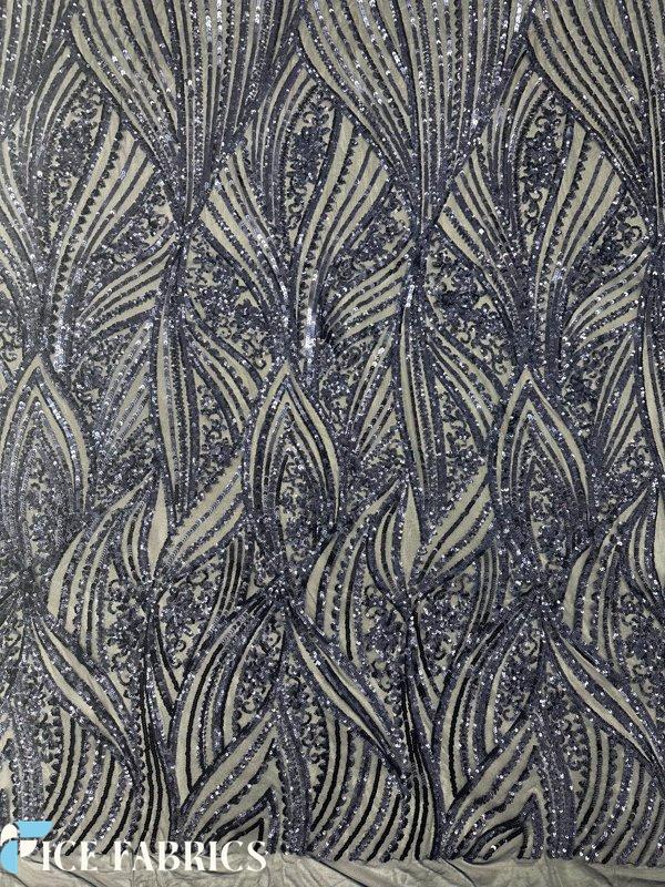 Blue Damask Stretch Sequin Fabric