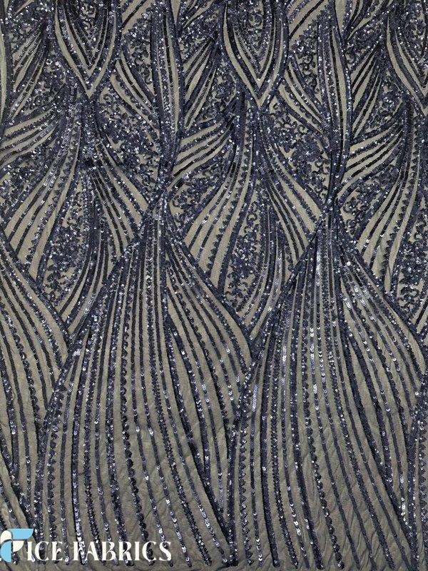 Navy Blue Damask Stretch Sequin Fabric