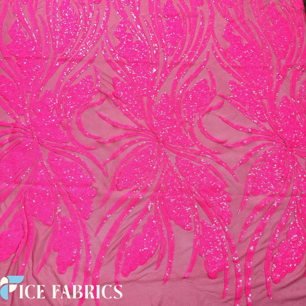 Neon Pink Feather Stretch Sequin Fabric By The Yard
