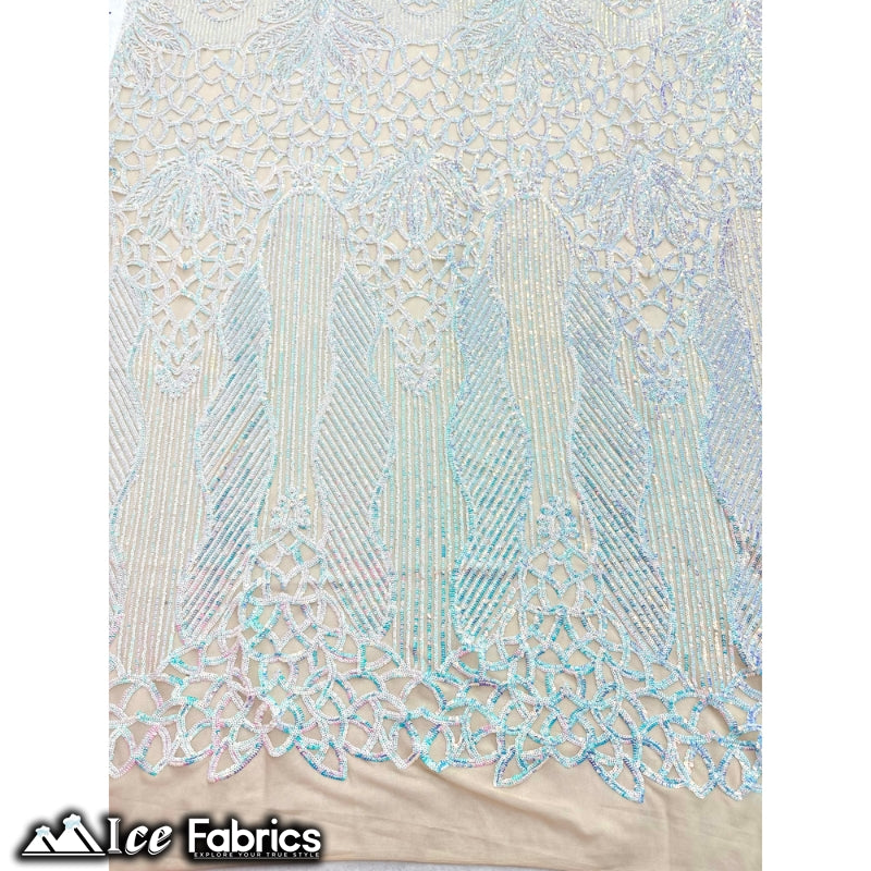 New Geometric 4 Way Stretch Sequin Fabric (20 Colors) ICE FABRICS Iridescent Baby Blue on Nude Mesh
