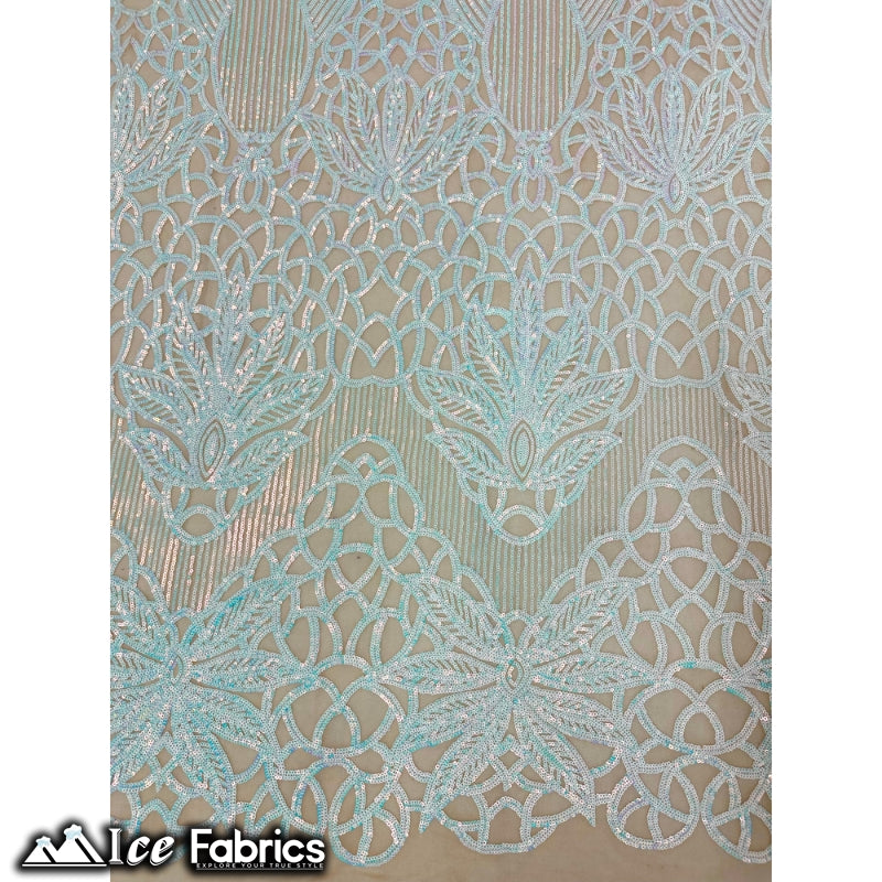 New Geometric 4 Way Stretch Sequin Fabric (20 Colors) ICE FABRICS Iridescent Baby Blue on Skin Mesh