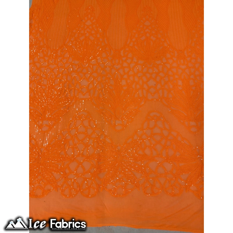 New Geometric 4 Way Stretch Sequin Fabric (20 Colors) ICE FABRICS Neon Orange