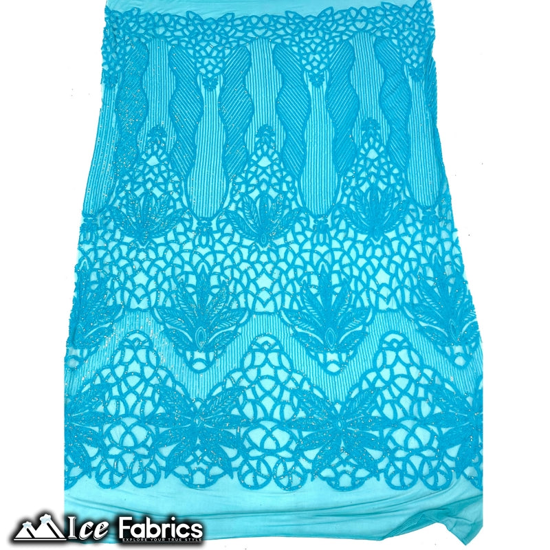 New Geometric 4 Way Stretch Sequin Fabric (20 Colors) ICE FABRICS Neon Turquoise