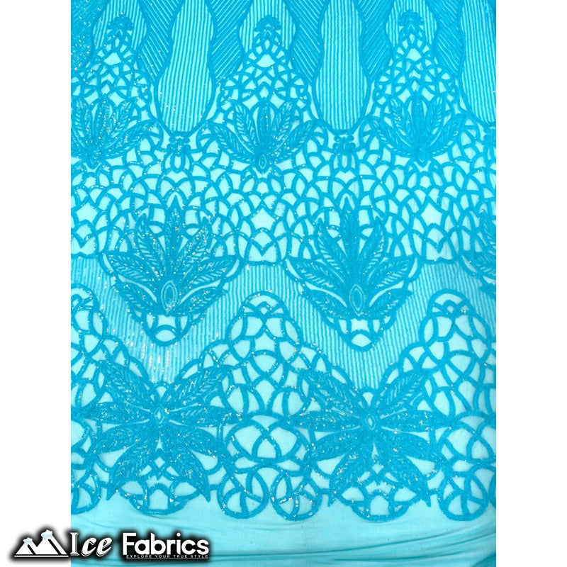 New Geometric 4 Way Stretch Sequin Fabric (20 Colors) ICE FABRICS Neon Turquoise