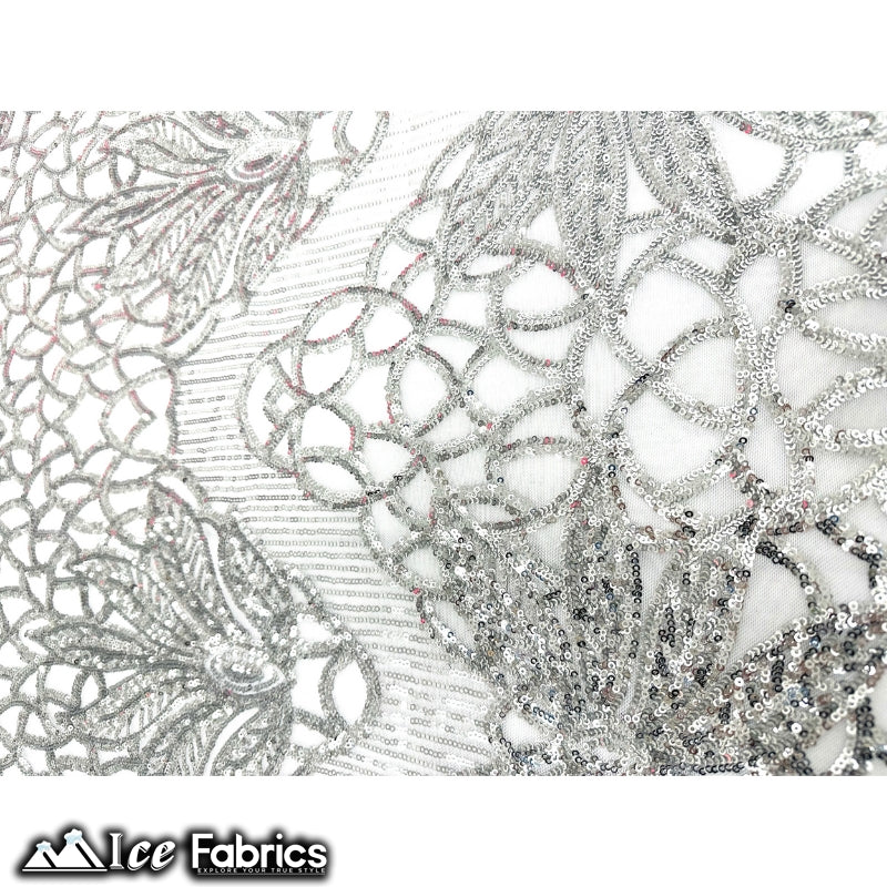 New Geometric 4 Way Stretch Sequin Fabric (20 Colors) ICE FABRICS Silver on White Mesh