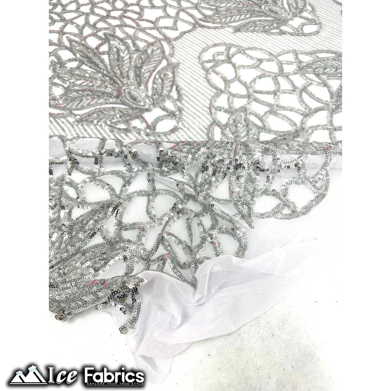 New Geometric 4 Way Stretch Sequin Fabric (20 Colors) ICE FABRICS Silver on White Mesh