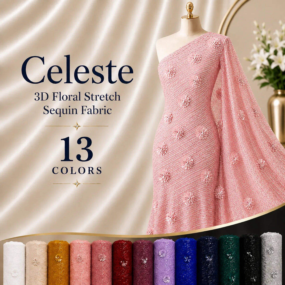 Celeste 3D Floral Stretch Sequin Fabric