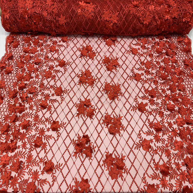 3D Floral Pearl Beaded Embroidery Lace Fabric | Mesh FabricICEFABRICICE FABRICSRed3D Floral Pearl Beaded Embroidery Lace Fabric | Mesh Fabric ICEFABRIC |Red